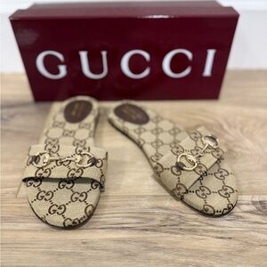 Gucci Siaga Women's Beige Canvas GG Slide Sandals with Horsebit 35 1/2 5.5